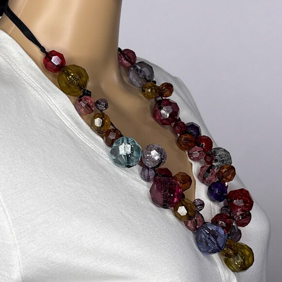 Multicolor Faux Gems Necklace Black Satin Ribbon‎ Tie In The Back - Picture 4 of 13